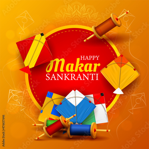 happy makar sankranti festival template design in yellow and red background