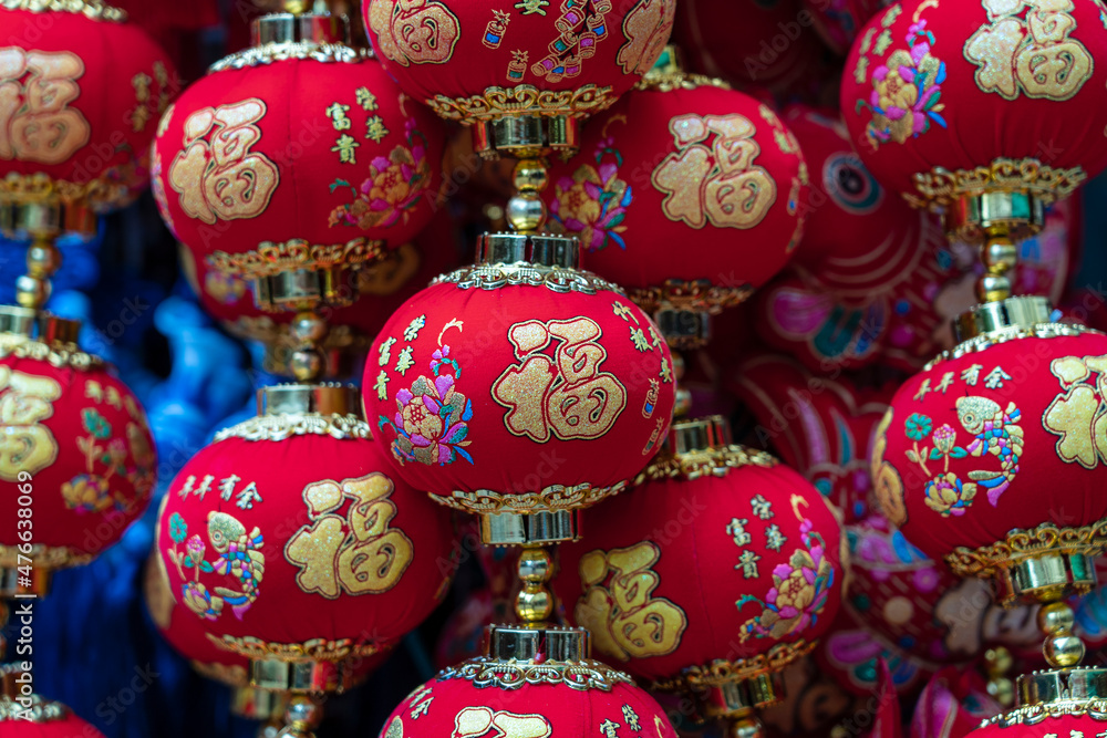 Traditional Chinese New Year red paper lanterns for sell in Chinatown market, Singapore