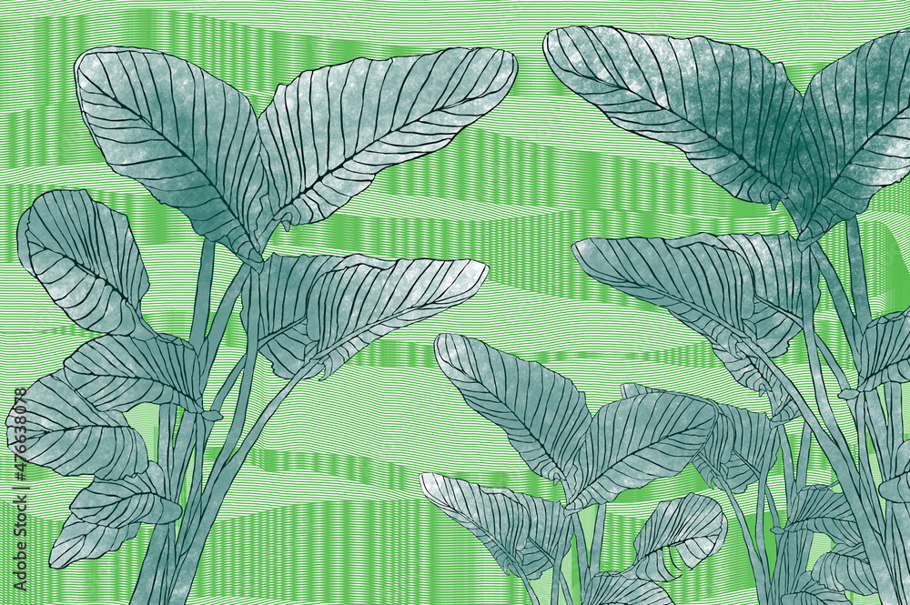 Ilustracja motyw roślinny delikatne pastelowe liście na zielonym  tle	
 - obrazy, fototapety, plakaty 