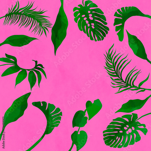 Ilustracja motyw roślinny zielone liście na różowym tle