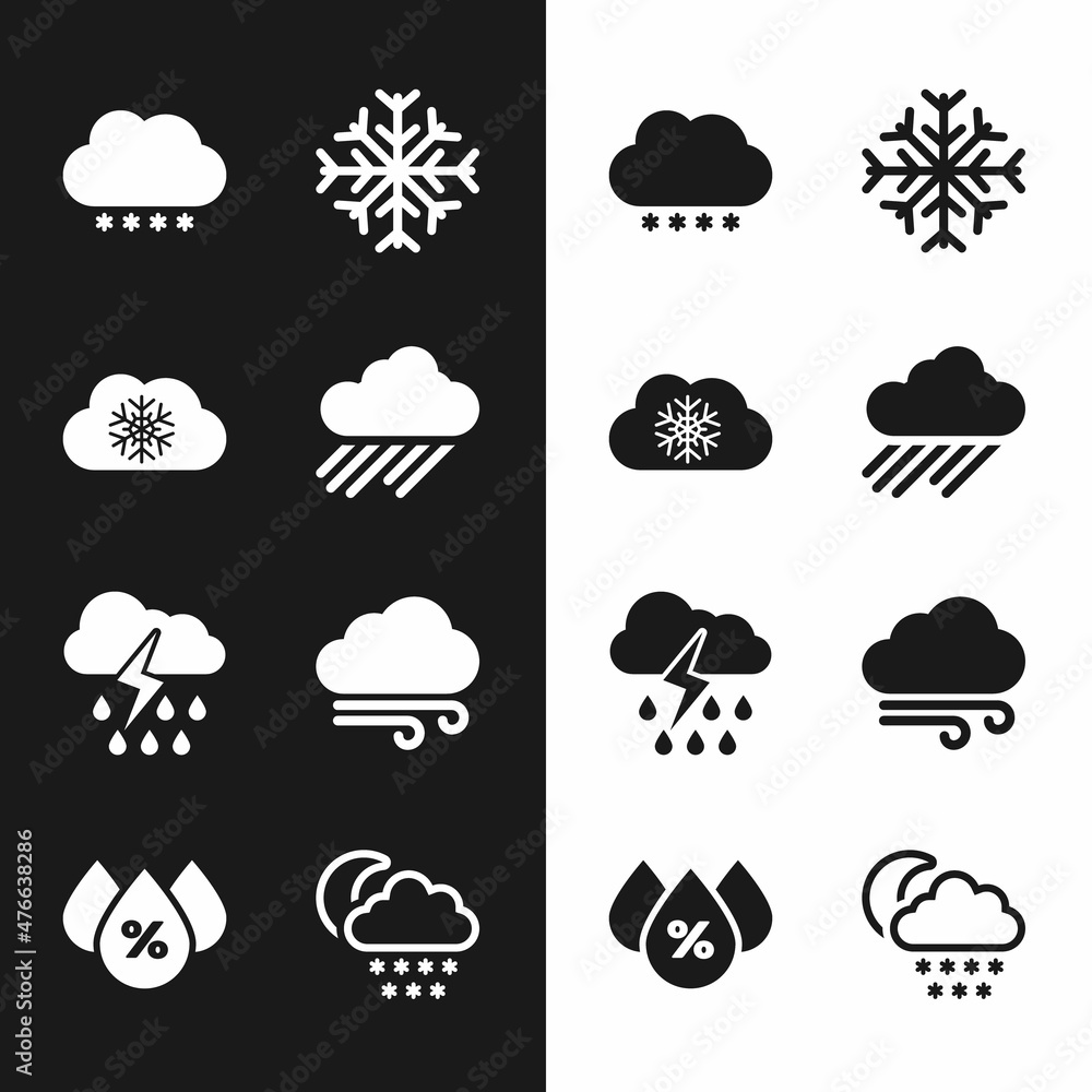 Set Cloud with rain, snow, Snowflake, and lightning and Windy weather icon. Vector Set Cloud with rain, snow, Snowflake, and lightning and Windy weather icon. Vector