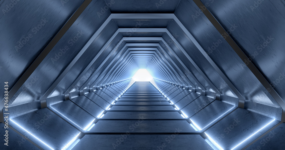 3d rendering. Corridor with neon blue lighting and bright lights at the end. Goes into the distance. 3d rendering. Corridor with neon blue lighting and bright lights at the end. Goes into the distance.