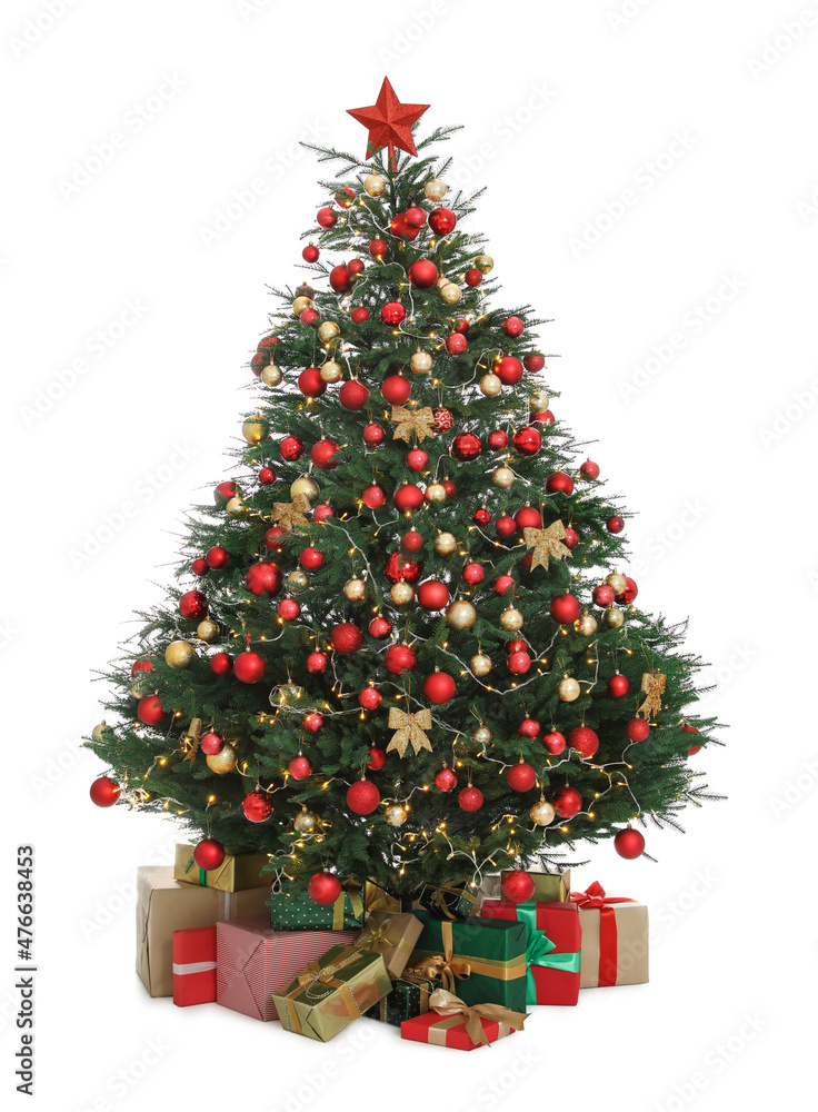 Christmas tree with beautiful decorations and gifts on white background