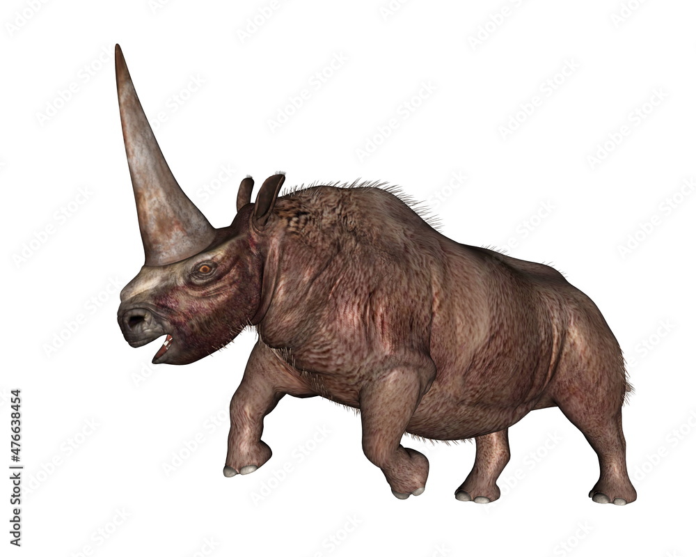 Obraz premium Elasmotherium rhinoceros with big horn roaring up - 3D render