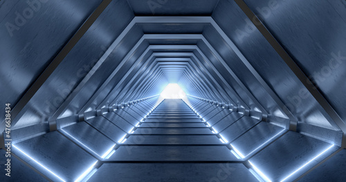 3d rendering. Corridor with neon blue lighting and bright lights at the end. Goes into the distance.