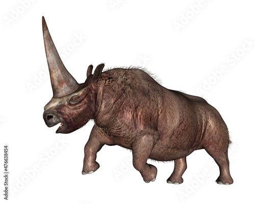 Elasmotherium rhinoceros with big horn roaring up - 3D render © Elenarts