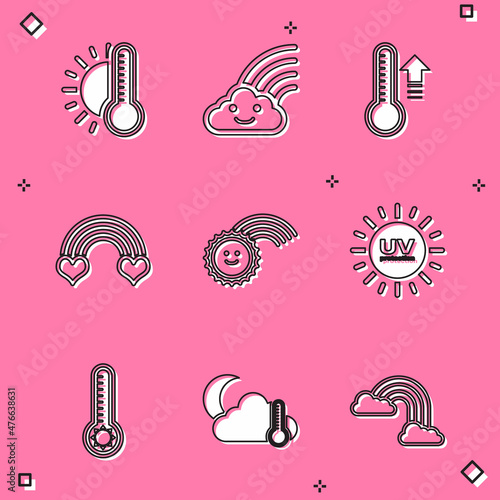 Set Thermometer with sun, Rainbow cloud, Meteorology thermometer, heart, UV protection, and and moon icon. Vector