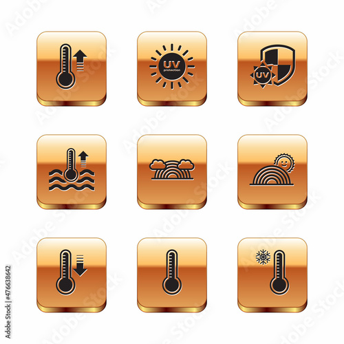 Set Meteorology thermometer, Rainbow with clouds, Water, UV protection, and icon. Vector