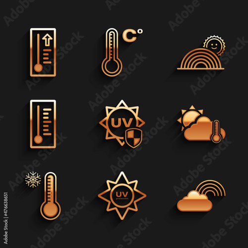 Set UV protection, Rainbow with cloud, Thermometer and cloud, sun, Meteorology thermometer, and icon. Vector