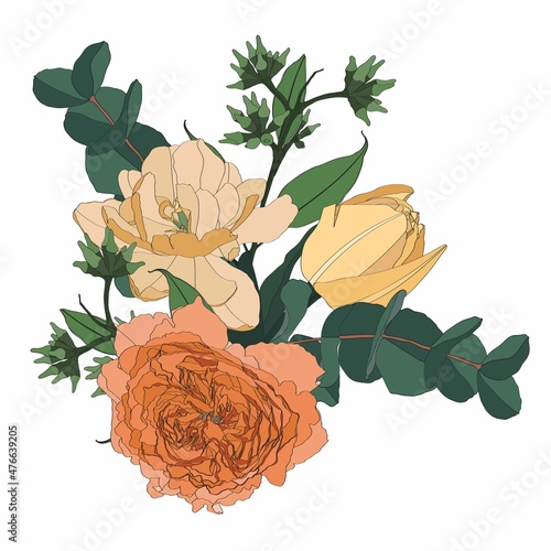 Hand drawn illustration of a beautiful peonies and tulips flowers bouquet. Element for wedding invitation, Valentine or others.