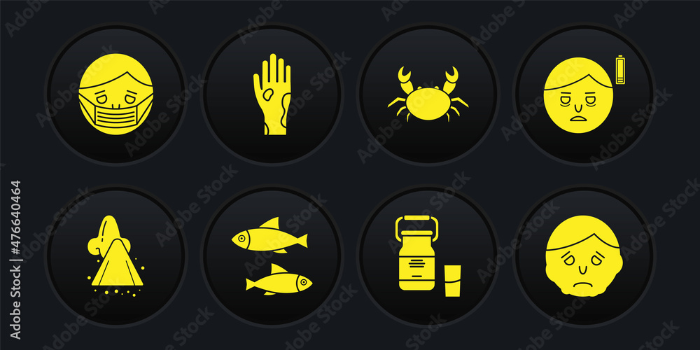 Set Runny nose, Fatigue, Fish, Can container for milk, Crab, Hand with psoriasis eczema, Inflammation face and Face protective mask icon. Vector Set Runny nose, Fatigue, Fish, Can container for milk, Crab, Hand with psoriasis eczema, Inflammation face and Face protective mask icon. Vector