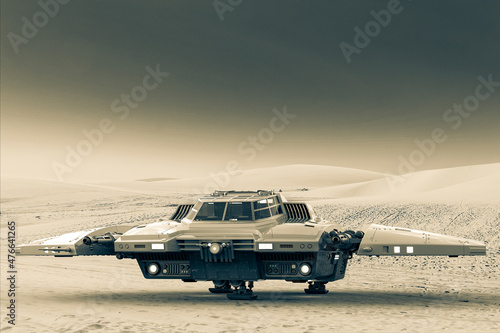 star ship landed on the desert front view © DM7