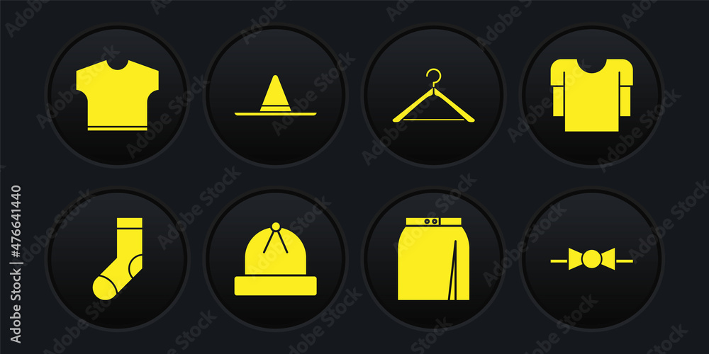 Set Socks, Long sleeve shirt, Winter hat, Skirt, Hanger wardrobe, Gardener worker, Bow tie and T-shirt icon. Vector Set Socks, Long sleeve shirt, Winter hat, Skirt, Hanger wardrobe, Gardener worker, Bow tie and T-shirt icon. Vector