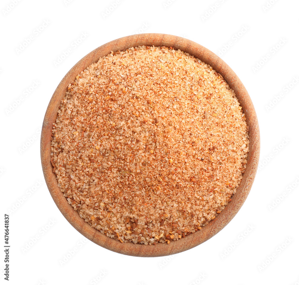 Pink salt with spices in wooden bowl isolated on white, top view Pink salt with spices in wooden bowl isolated on white, top view