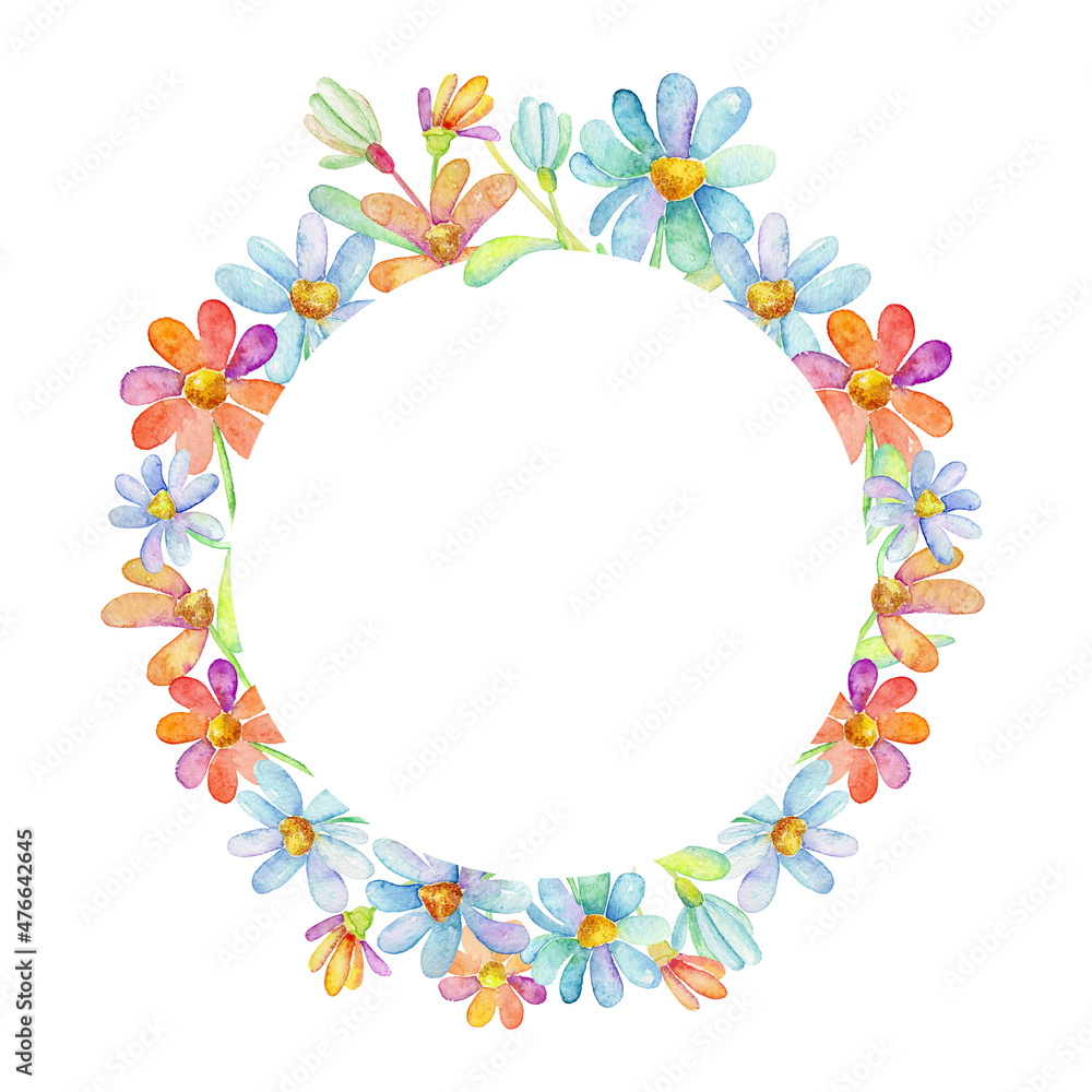 frame with flowers and leaves, watercolor circular frame for decoration of postcards, text, books, fabric. blue light orange daisies. frame with flowers and leaves, watercolor circular frame for decoration of postcards, text, books, fabric. blue light orange daisies.