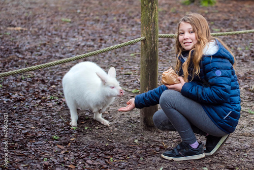 Obraz na plátně cute little girl stroking a young albino wallaby in a zoo