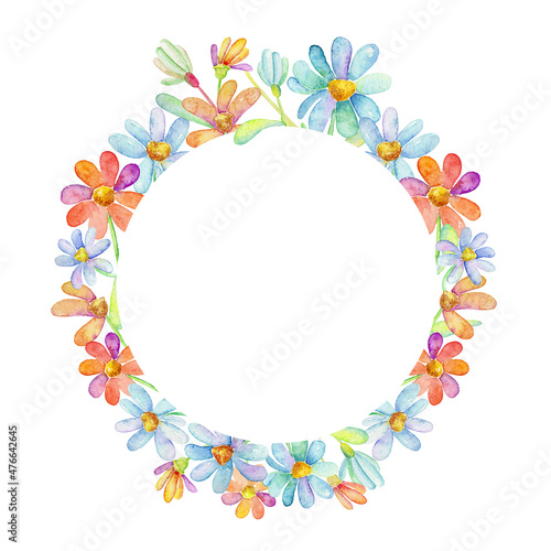 frame with flowers and leaves, watercolor circular frame for decoration of postcards, text, books, fabric. blue light orange daisies.