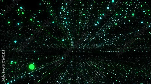 Colorful green and blue dots moving on black background. Animation 4k