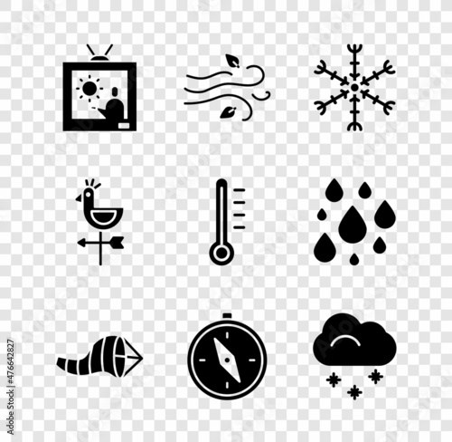 Set Weather forecast, Wind, Snowflake, Cone meteorology windsock wind vane, Compass, Cloud with snow, Rooster weather and Meteorology thermometer icon. Vector