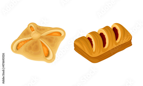 Puff pastry products for bakery menu set. Sweet buns with jam, delicious bakery assortment vector illustration