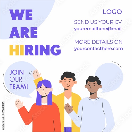 Trendy recruitment banner design with flat style diverse people characters. We are hiring template for post, flyer etc. Vector illustration. Open vacancy design template concept. Join Our Team.