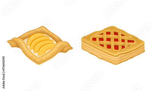 Puff pastry products for bakery menu set. Sweet buns with jam and apples, delicious bakery assortment vector illustration