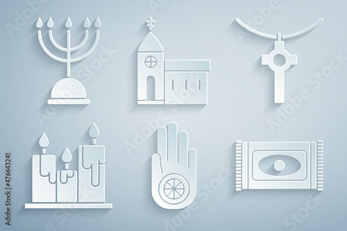 Φωτογραφία Set Jainism or Jain Dharma, Christian cross on chain, Burning candles, Traditional carpet, Church building and Hanukkah menorah icon