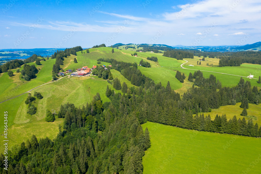 Drone photography of forest and fields in bavarian landscape. Germany 