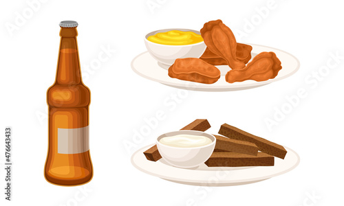 Bottle of beer, croutons snacks and and fried chicken meat vector illustration