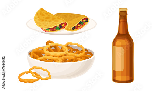 Bottle of beer, tacos and fried onion rings vector illustration