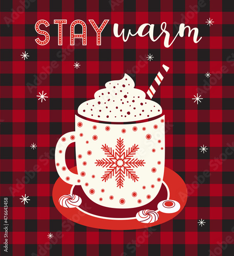Hot cocoa cup whipped cream flat vector poster. Winter hot drink chocolate cup cartoon. Coffee mug cute design. Buffalo plaid snowflakes background. Cold winter season warm cocoa bar menu illustration