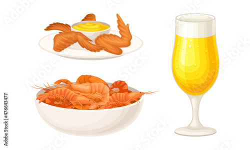 Glass of foam light beer with shrimps and fried chicken wings vector illustration