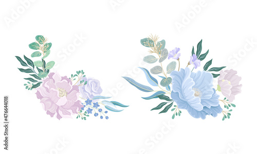 Set of elegant bouquets or bunches of dusty blue  pale pink wild flowers and leaves vector illustration