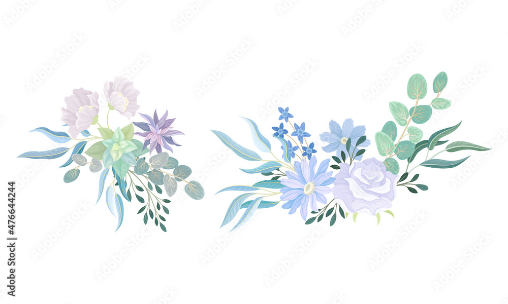 Set of elegant bouquets or bunches of wildflowers and twigs in trendy pastel colors vector illustration