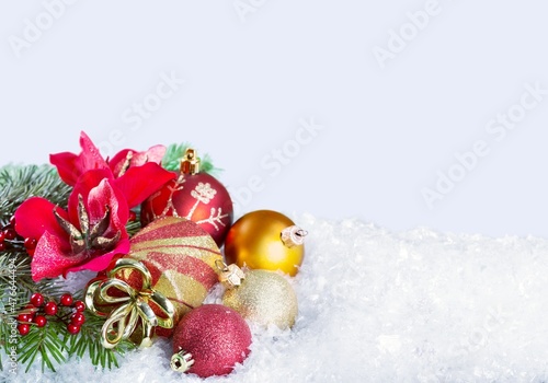 Winter Christmas composition with red christmas decorations on background. Empty pedestal for product presentation