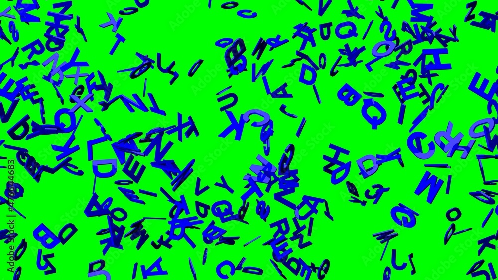 Blue alphabets on green chroma key background.
3D abstract illustration for background.