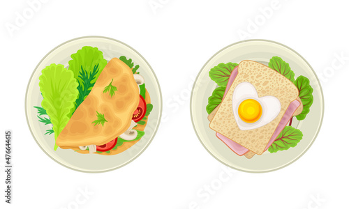 Traditional breakfast dishes set. Top view of tasty nutritious food served on plates vector illustration