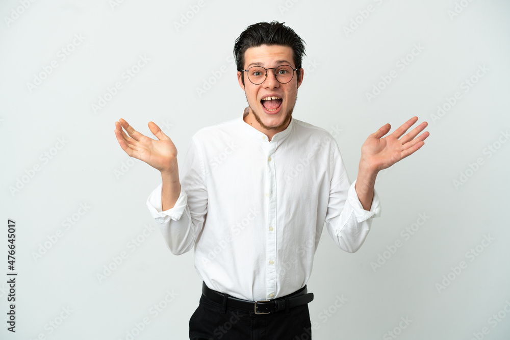 Russian Business man isolated on white background with shocked facial expression Russian Business man isolated on white background with shocked facial expression