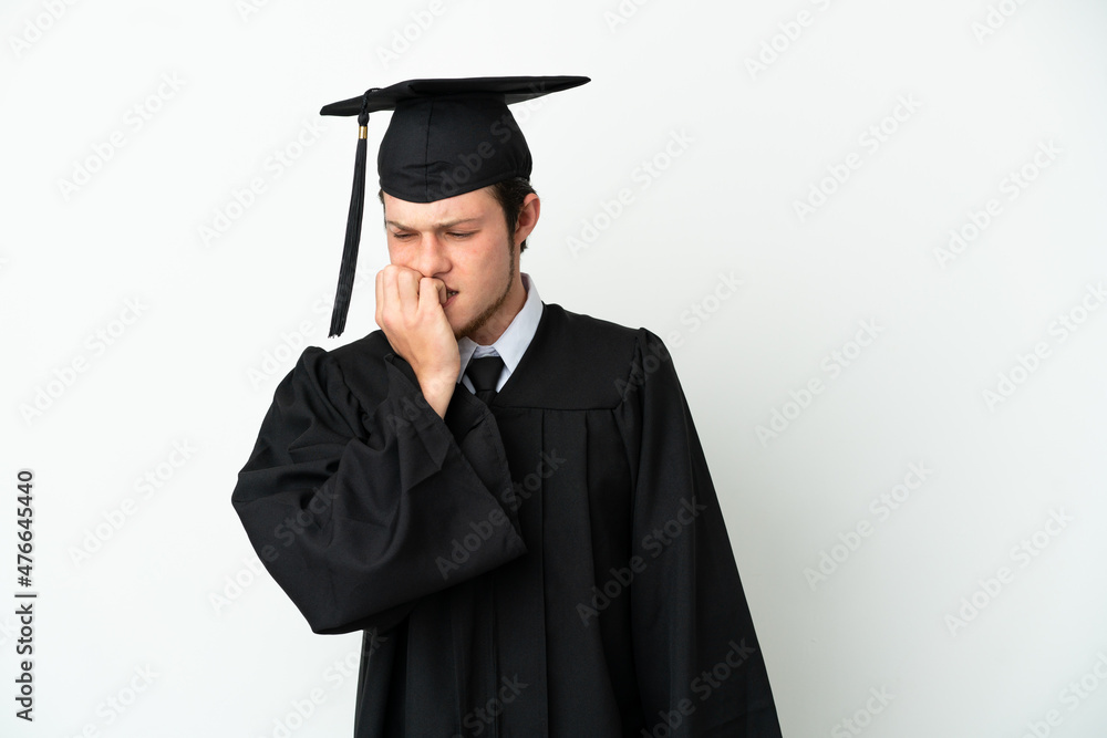 Young university Russian graduate isolated on white background having doubts Young university Russian graduate isolated on white background having doubts