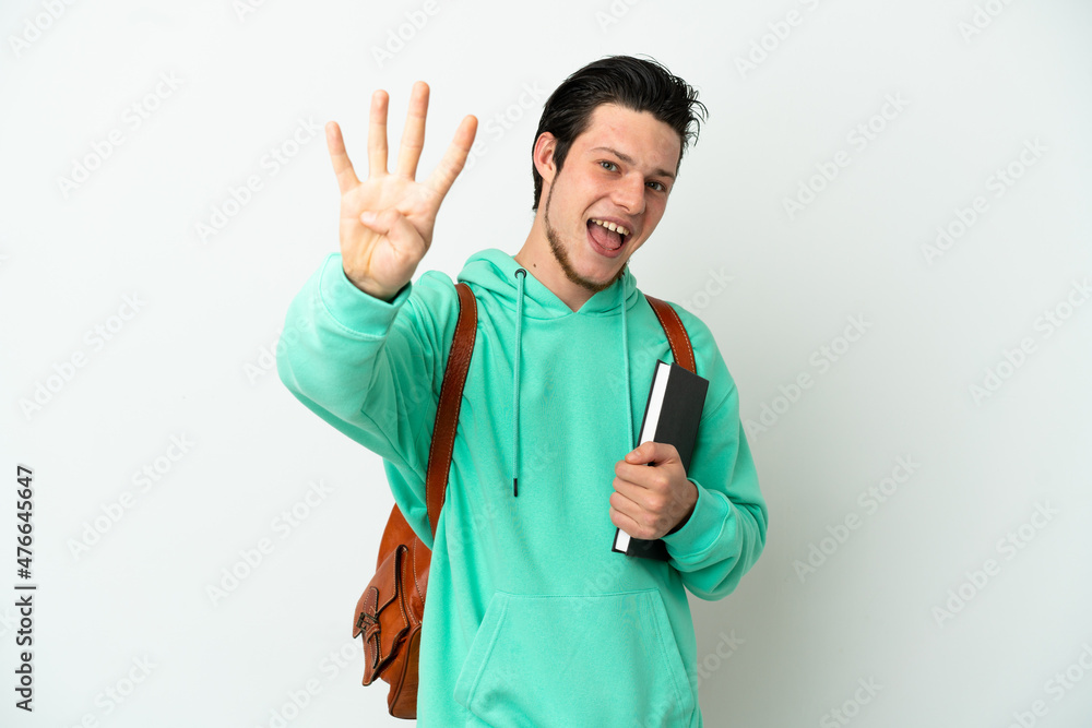 Young student man isolated on white background happy and counting four with fingers Young student man isolated on white background happy and counting four with fingers