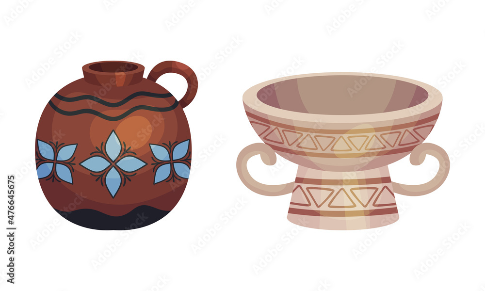 Clay kitchenware assortment set. Vintage ceramic vessels with ornaments vector illustration