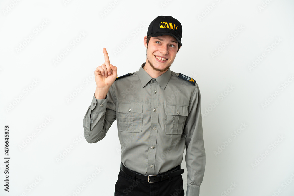 Young Russian security man isolated on white background pointing up a great idea Young Russian security man isolated on white background pointing up a great idea