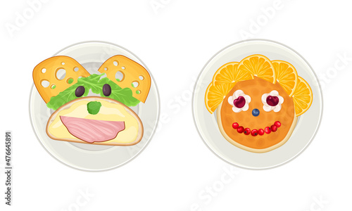 Tasty breakfast for kids served on plates set. Top view of funny shaped pancakes and sandwich vector illustration
