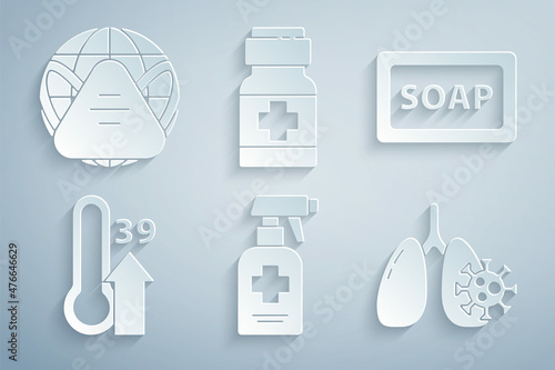 Set Liquid antibacterial soap, Bar of, High human body temperature, Virus cells in lung, Medicine bottle and pills and Earth with medical mask icon. Vector