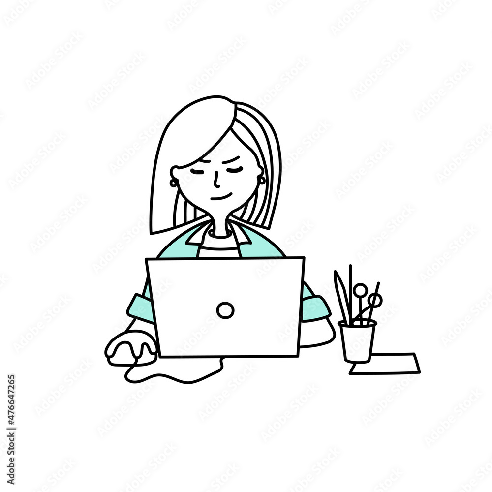 People in the office_Girl working in the office at the computer in line style People in the office_Girl working in the office at the computer in line style