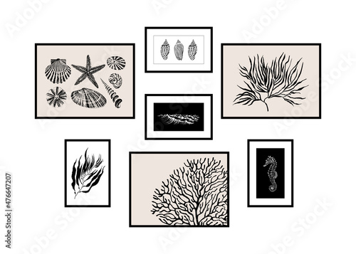 Set of nautical black and white illustrations concept composition for photo wall.