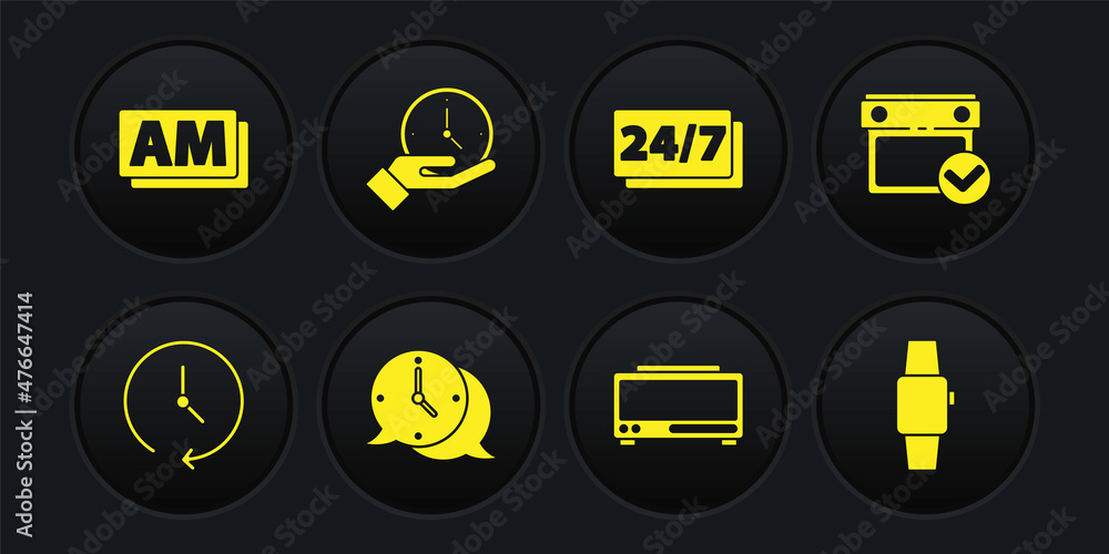 Set Clock, Calendar with check mark, speech bubble, Digital alarm clock, 24 hours, Smartwatch and AM icon. Vector Set Clock, Calendar with check mark, speech bubble, Digital alarm clock, 24 hours, Smartwatch and AM icon. Vector