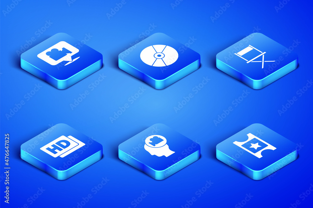 Set Cinema ticket, Camera and location, Head with camera, Hd movie, tape, frame, CD or DVD disk and Director chair icon. Vector Set Cinema ticket, Camera and location, Head with camera, Hd movie, tape, frame, CD or DVD disk and Director chair icon. Vector