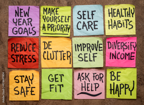 new year goals and resolutions focused on self care and healthy habits - set of colorful sticky notes