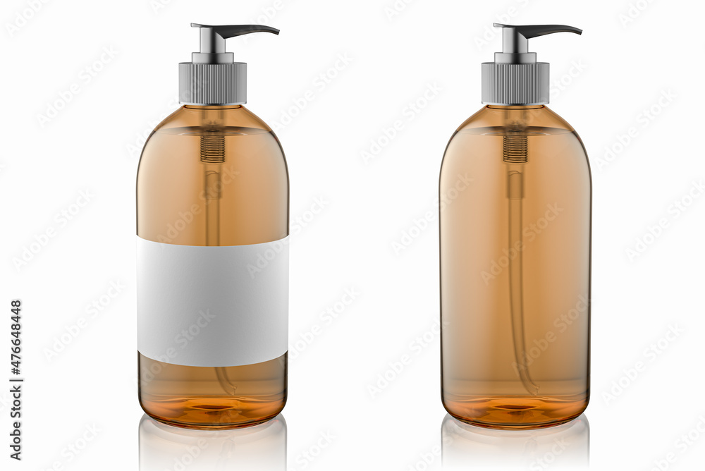 Amber glass pump bottle for cosmetics with blank white label. Mock-up. 3d render